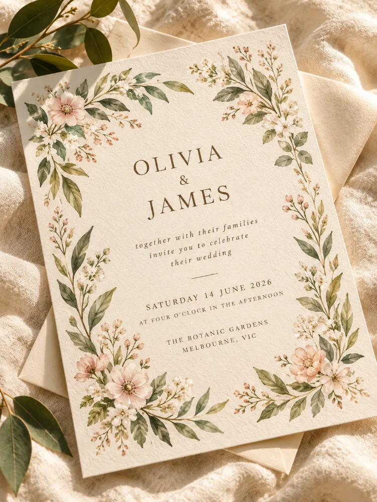 Example cream wedding invitation with botanical leaves and flowers