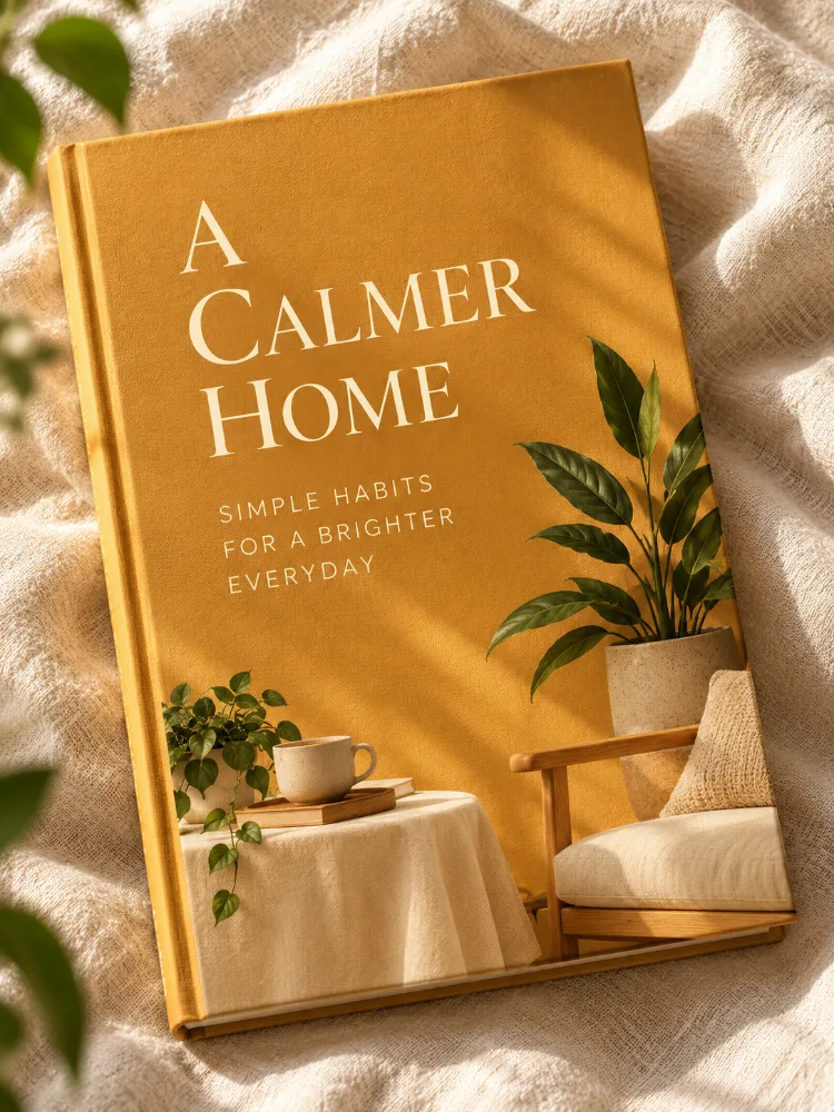 Example warm ochre ebook cover for A Calmer Home