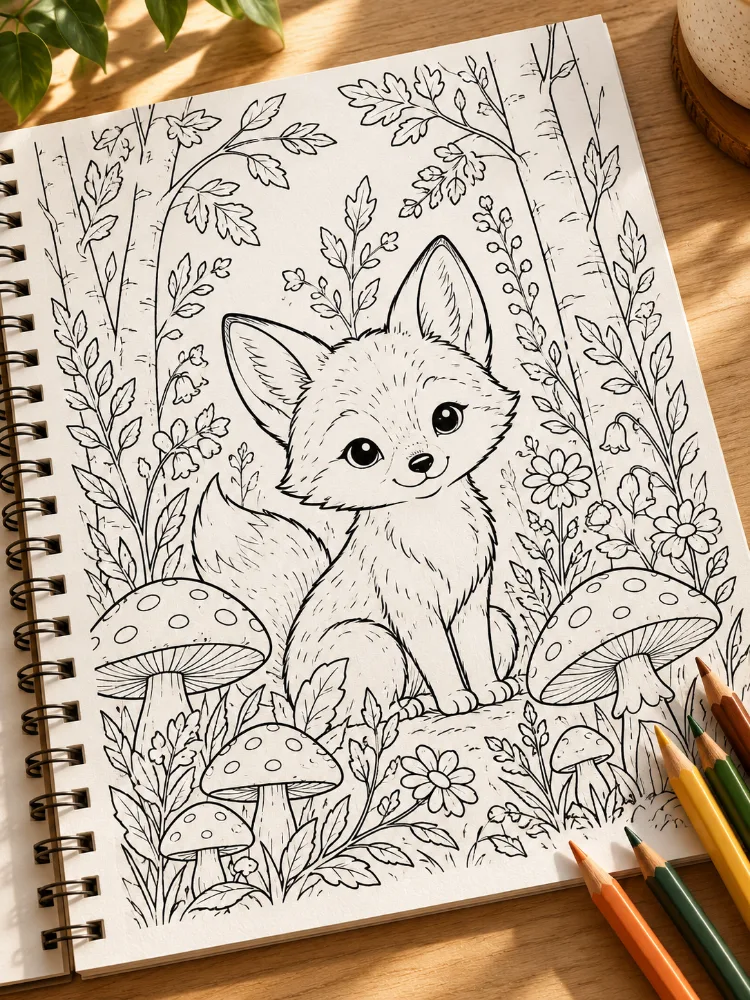Example woodland animal colouring book with original black outline artwork